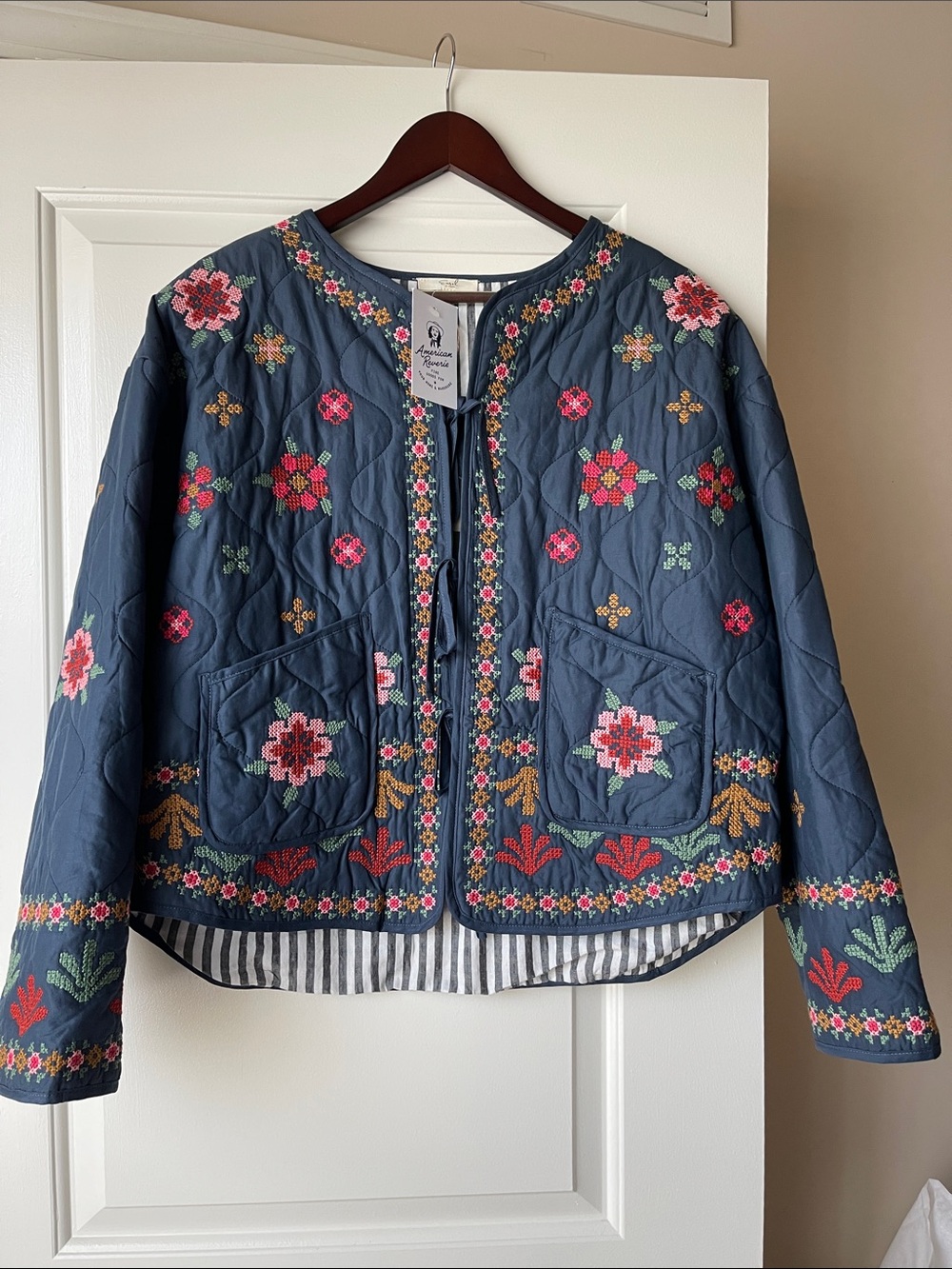easel Navy Quilted Bomber Jacket with Multicolor Floral Embroidery